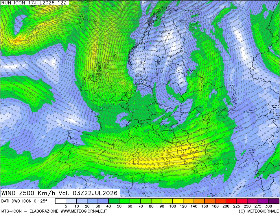 mappa 500 hPa Vento forza e direzione
