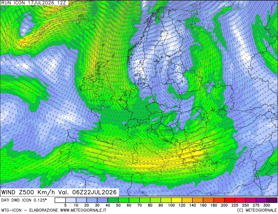 mappa 500 hPa Vento forza e direzione