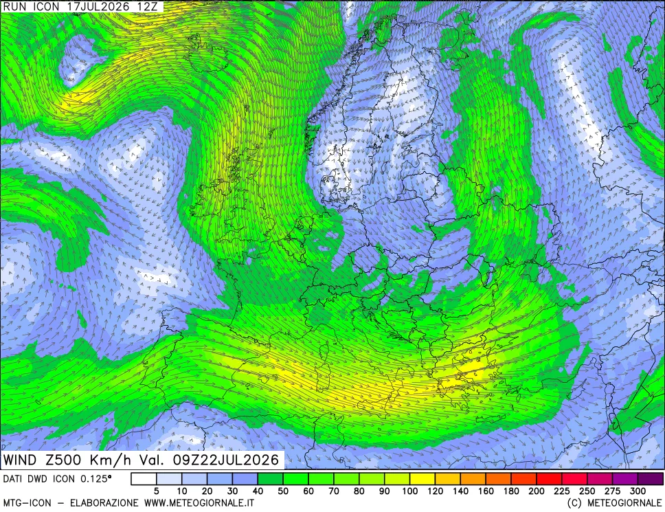 mappa 500 hPa Vento forza e direzione