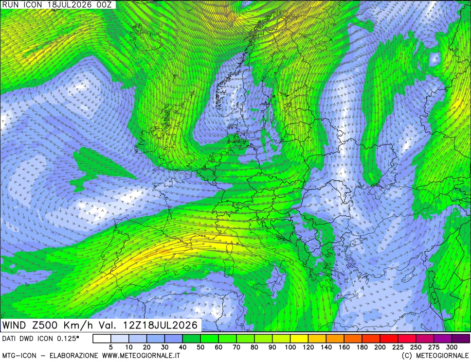 mappa 500 hPa Vento forza e direzione