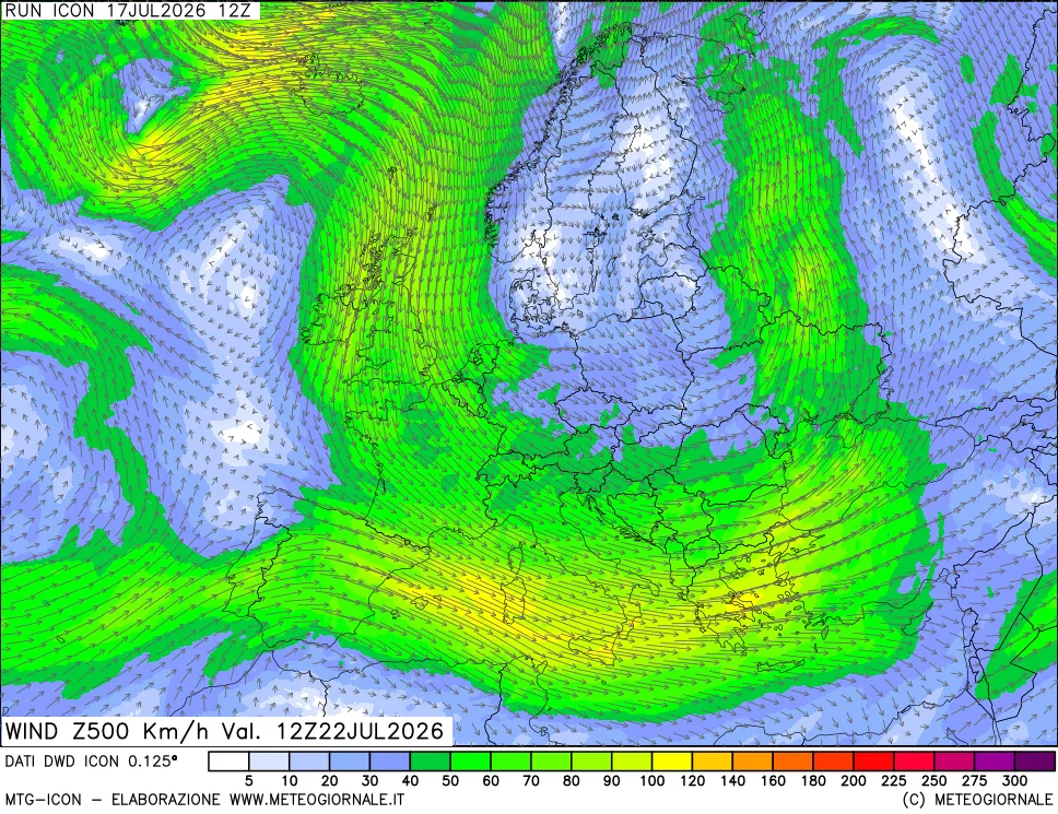 mappa 500 hPa Vento forza e direzione