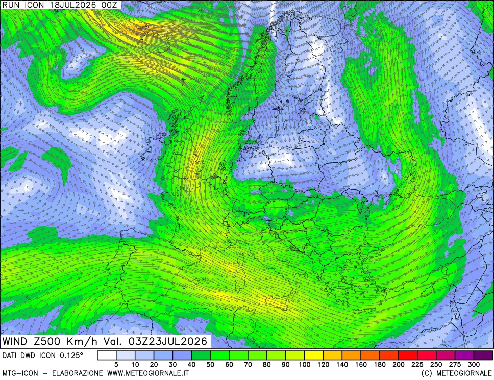 mappa 500 hPa Vento forza e direzione