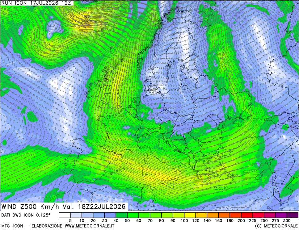 mappa 500 hPa Vento forza e direzione