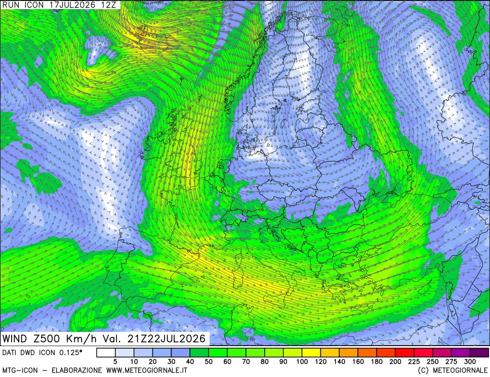 mappa 500 hPa Vento forza e direzione