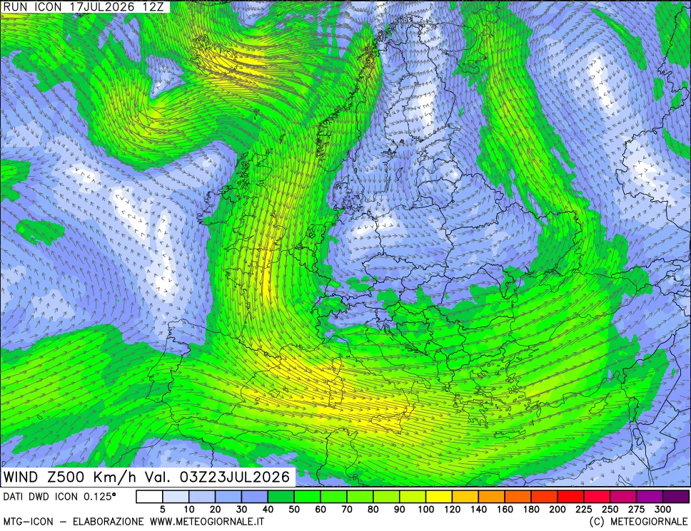 mappa 500 hPa Vento forza e direzione