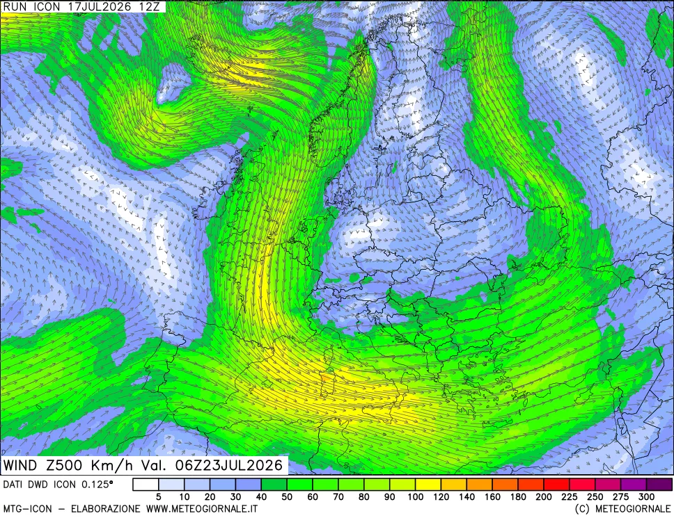 mappa 500 hPa Vento forza e direzione