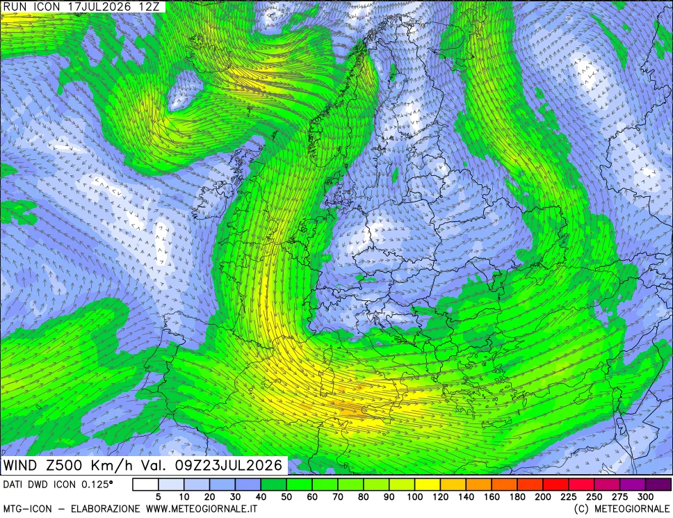 mappa 500 hPa Vento forza e direzione