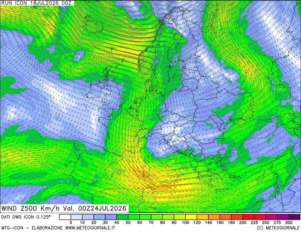 mappa 500 hPa Vento forza e direzione
