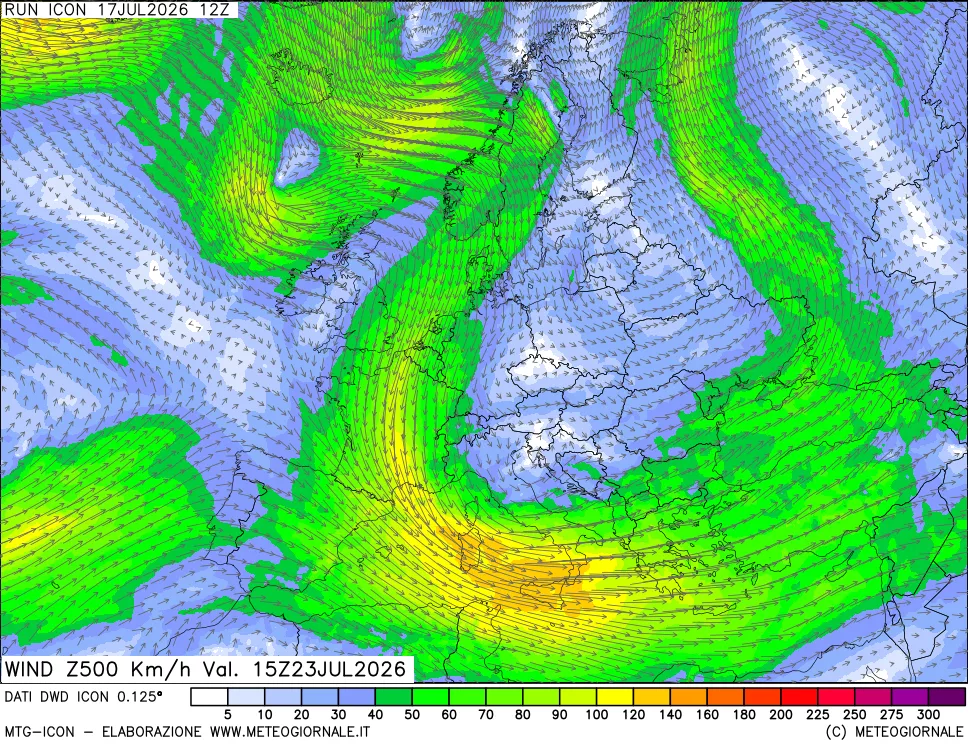 mappa 500 hPa Vento forza e direzione