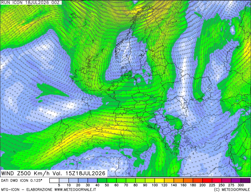 mappa 500 hPa Vento forza e direzione