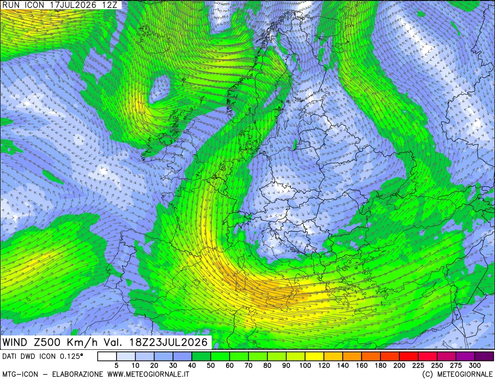 mappa 500 hPa Vento forza e direzione
