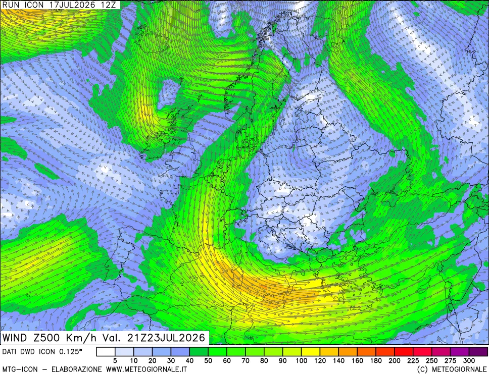 mappa 500 hPa Vento forza e direzione