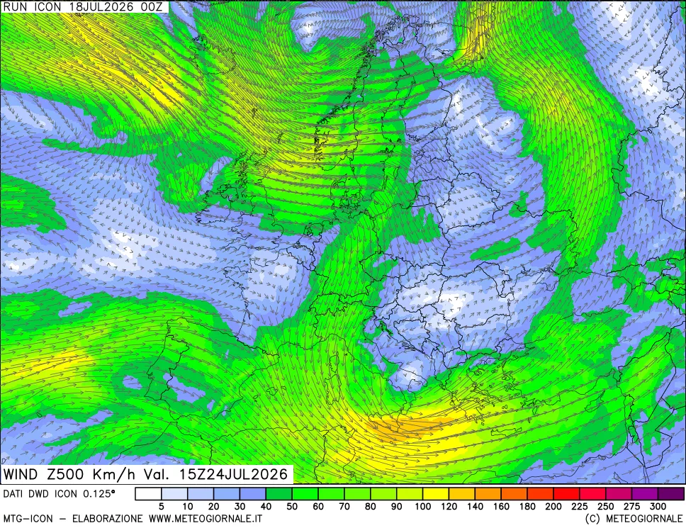 mappa 500 hPa Vento forza e direzione