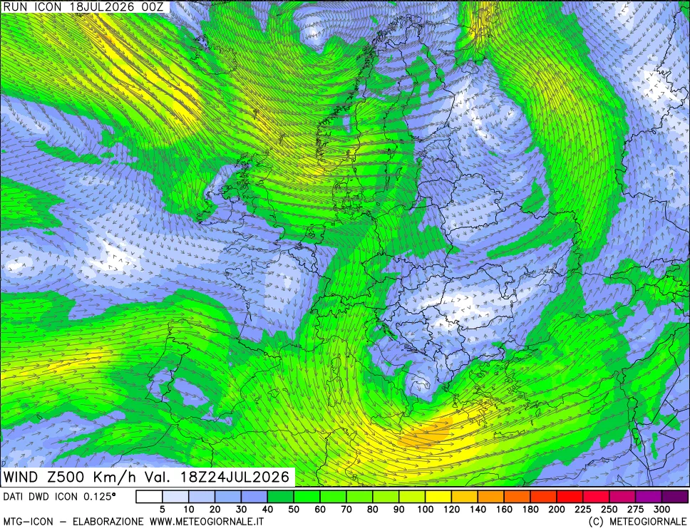 mappa 500 hPa Vento forza e direzione