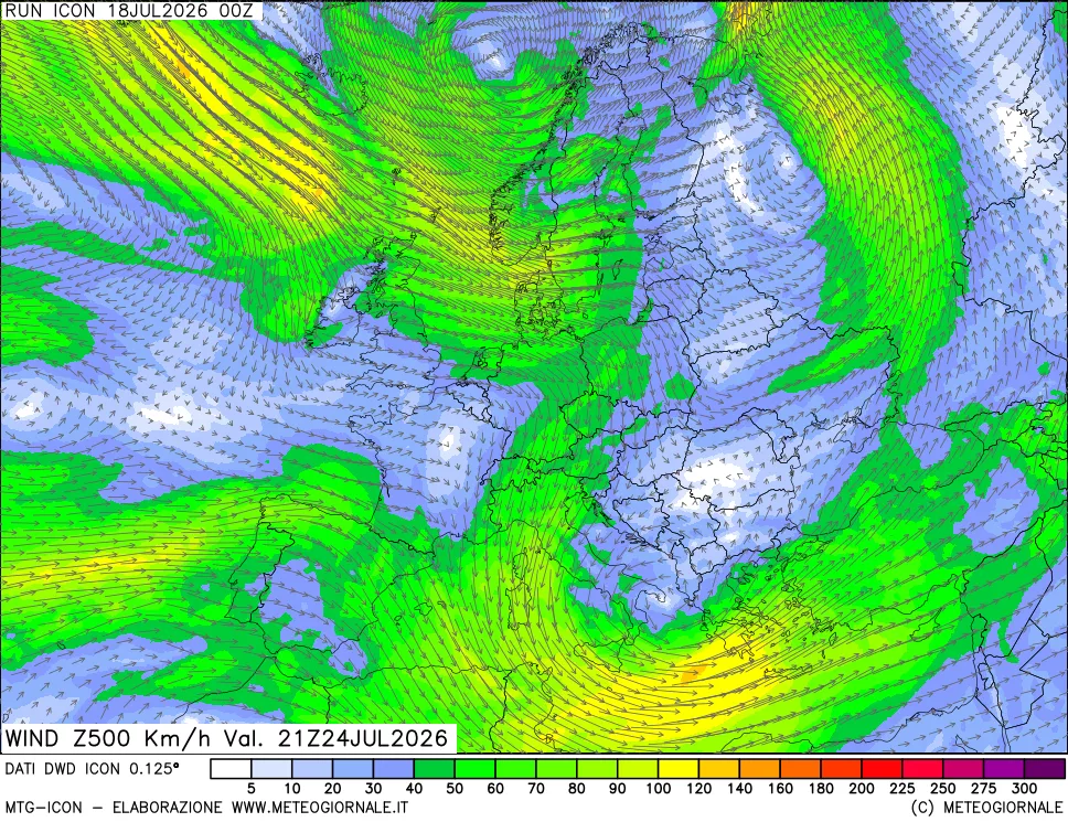 mappa 500 hPa Vento forza e direzione