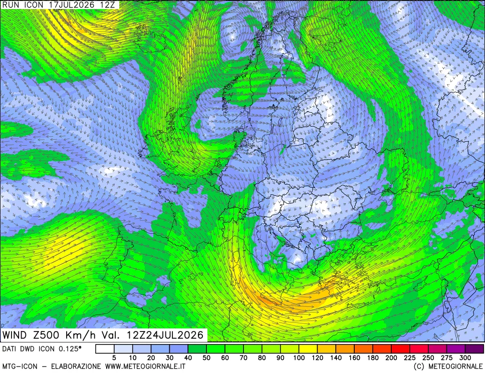 mappa 500 hPa Vento forza e direzione