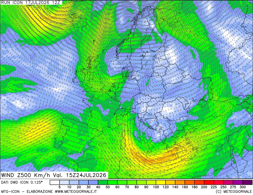 mappa 500 hPa Vento forza e direzione