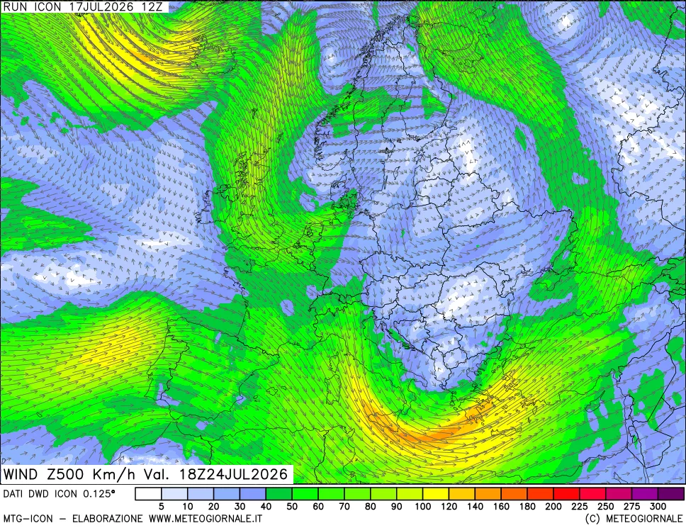 mappa 500 hPa Vento forza e direzione