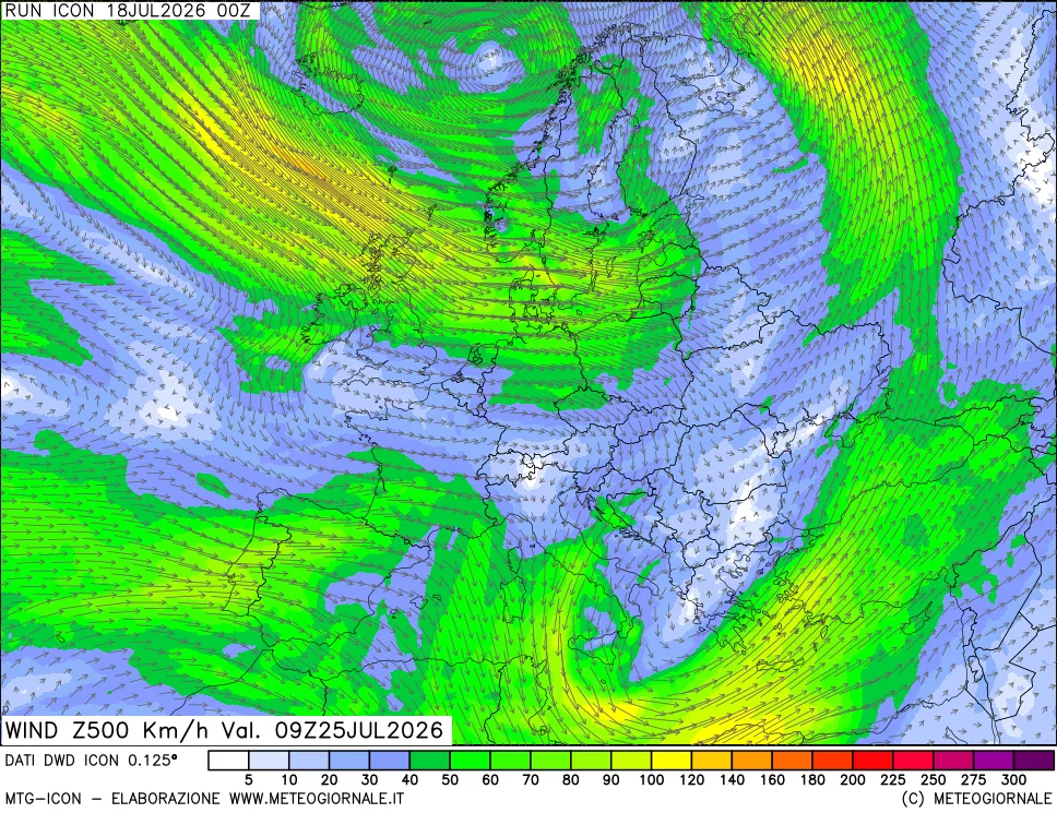 mappa 500 hPa Vento forza e direzione