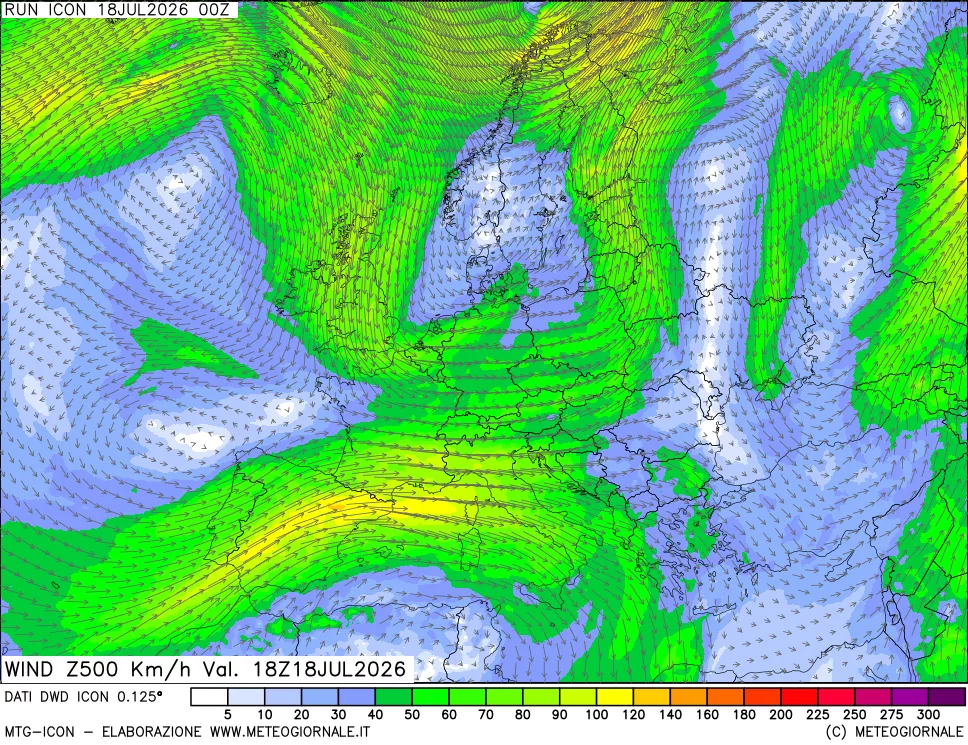 mappa 500 hPa Vento forza e direzione