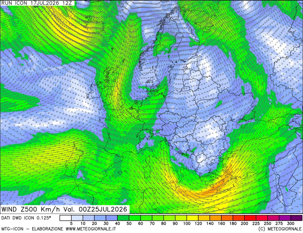 mappa 500 hPa Vento forza e direzione
