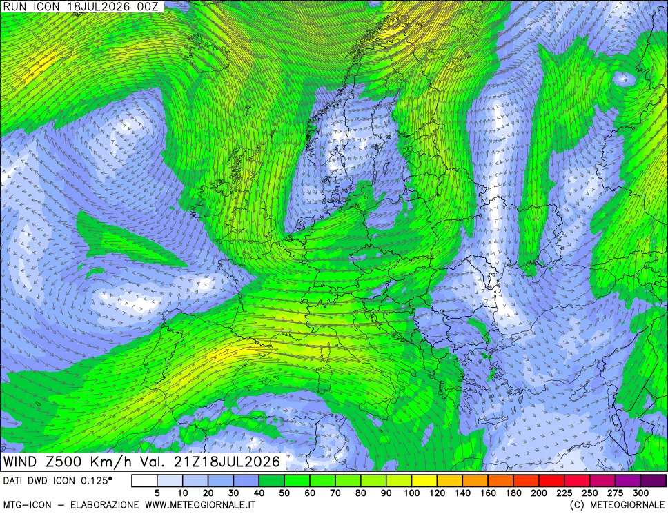 mappa 500 hPa Vento forza e direzione