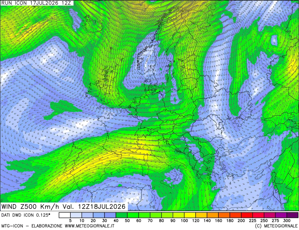 mappa 500 hPa Vento forza e direzione