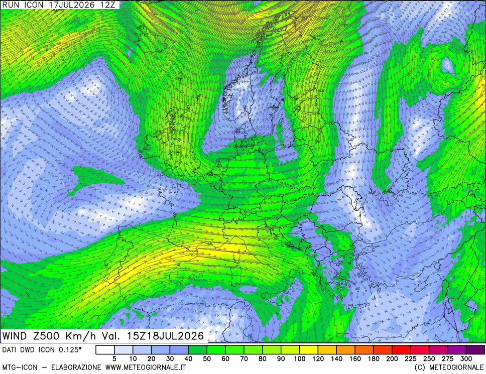 mappa 500 hPa Vento forza e direzione
