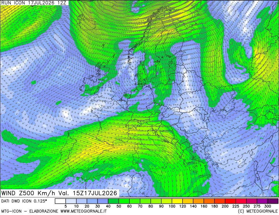 mappa 500 hPa Vento forza e direzione