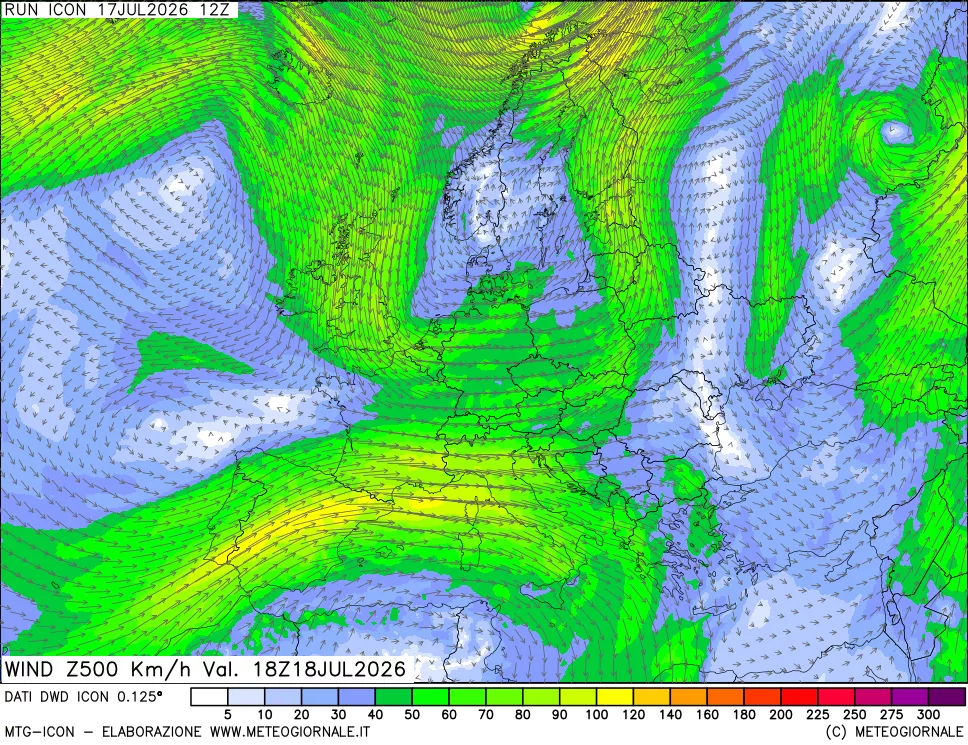 mappa 500 hPa Vento forza e direzione