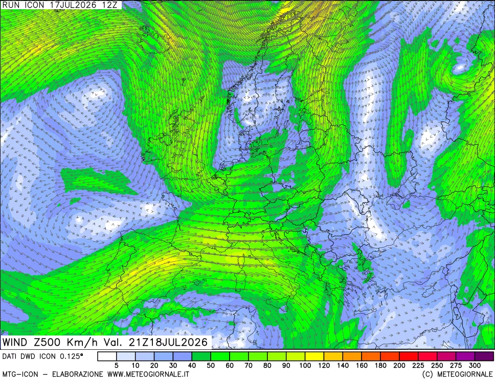 mappa 500 hPa Vento forza e direzione