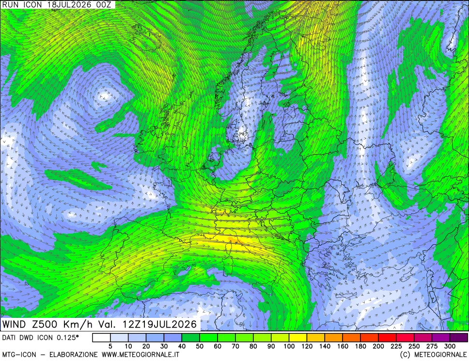 mappa 500 hPa Vento forza e direzione