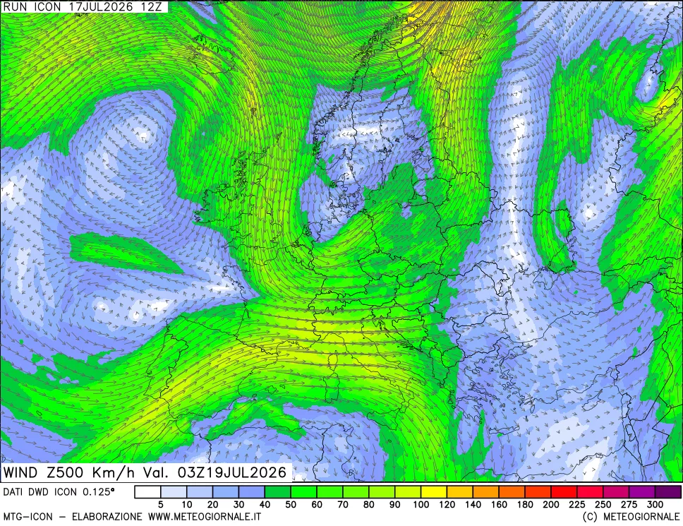 mappa 500 hPa Vento forza e direzione