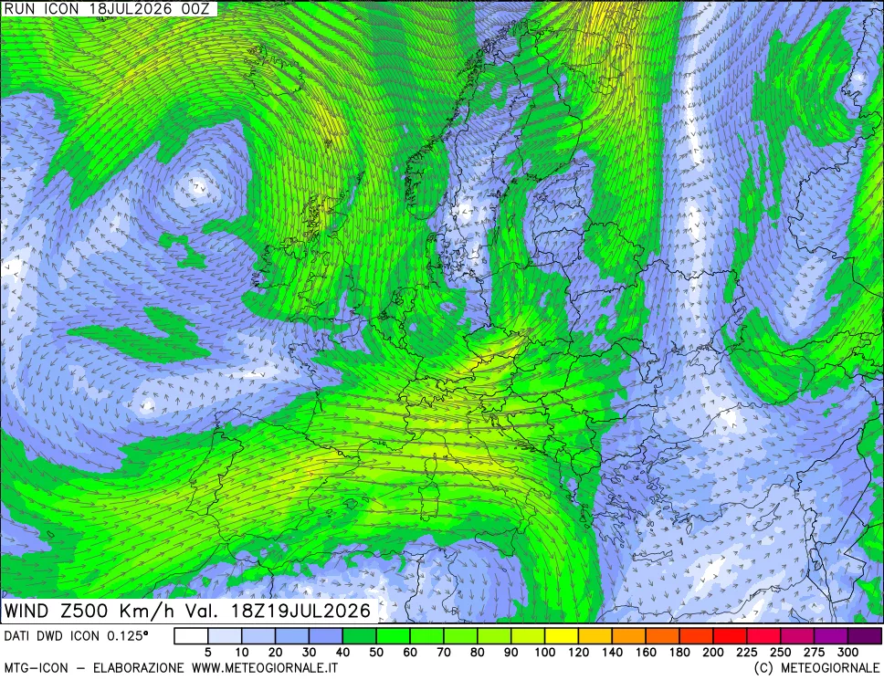mappa 500 hPa Vento forza e direzione