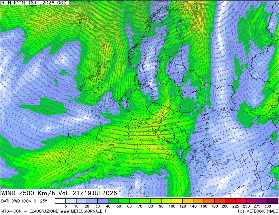 mappa 500 hPa Vento forza e direzione