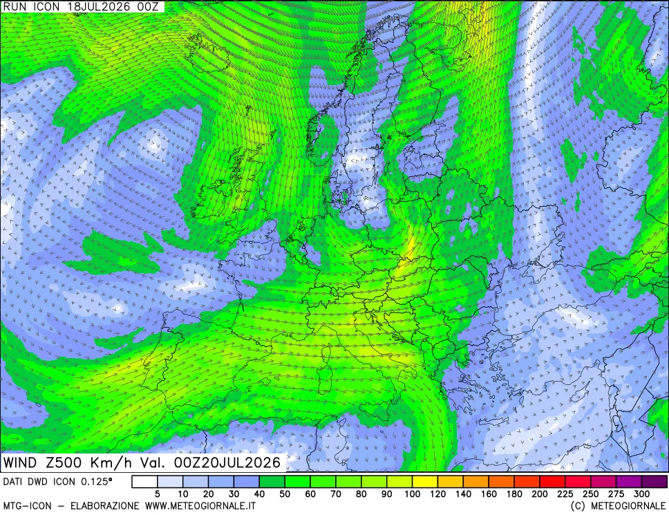 mappa 500 hPa Vento forza e direzione