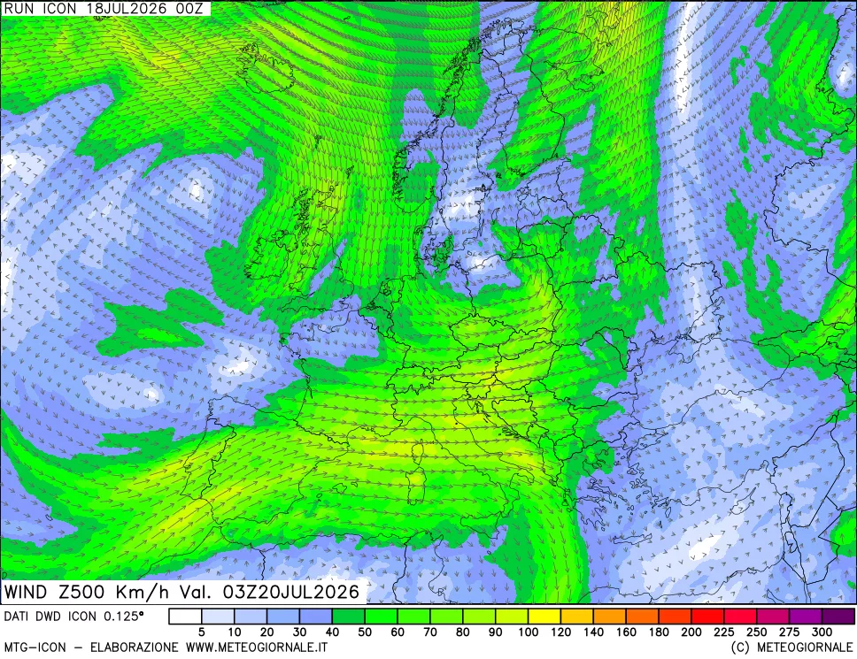 mappa 500 hPa Vento forza e direzione