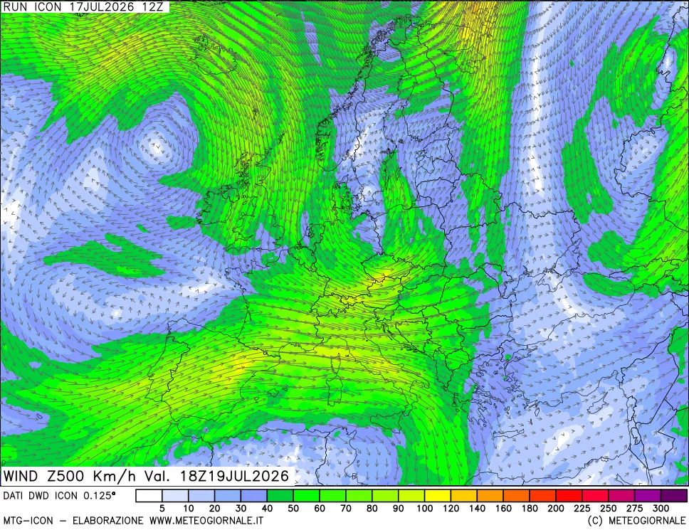 mappa 500 hPa Vento forza e direzione