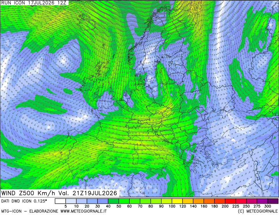 mappa 500 hPa Vento forza e direzione