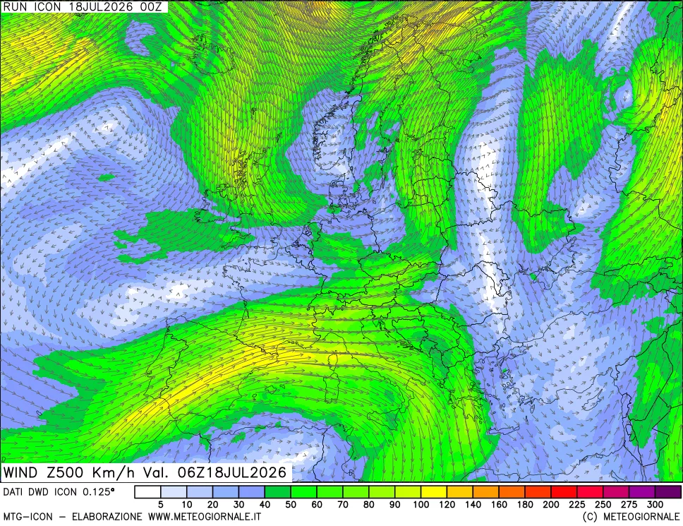 mappa 500 hPa Vento forza e direzione