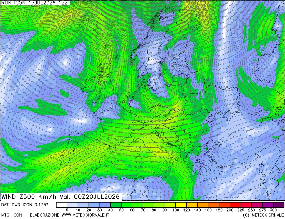 mappa 500 hPa Vento forza e direzione