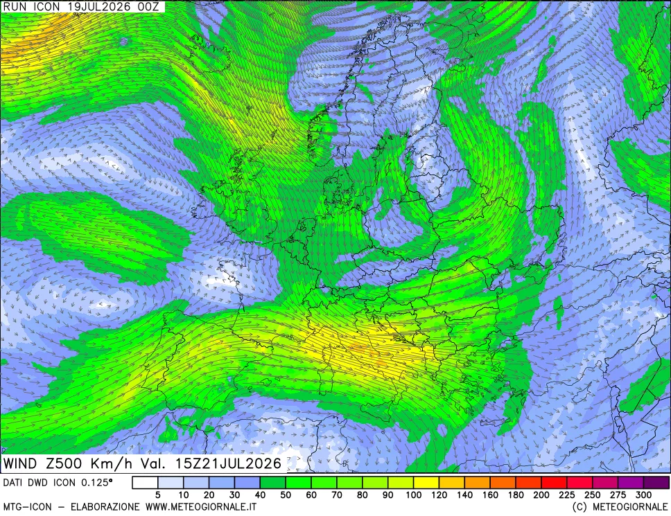 mappa 500 hPa Vento forza e direzione