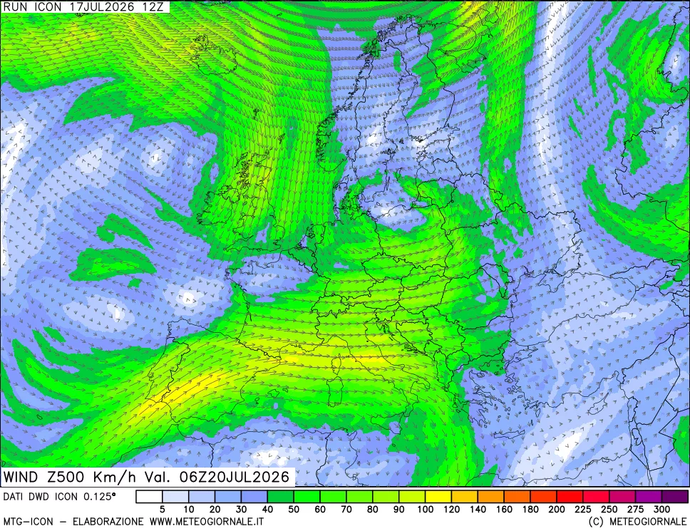 mappa 500 hPa Vento forza e direzione