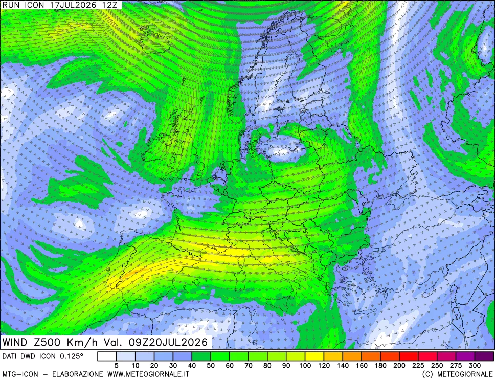mappa 500 hPa Vento forza e direzione