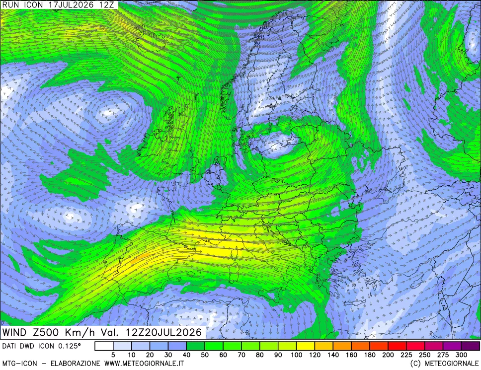 mappa 500 hPa Vento forza e direzione