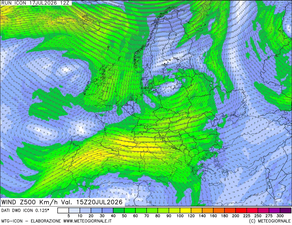 mappa 500 hPa Vento forza e direzione