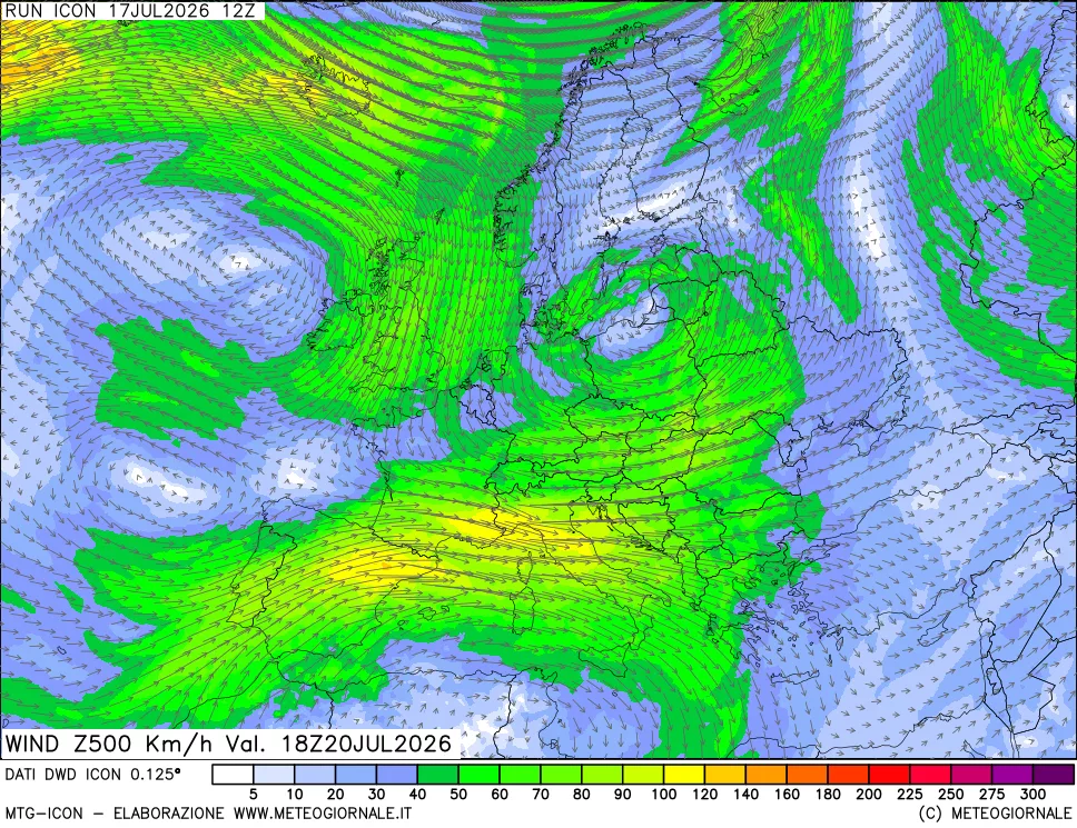 mappa 500 hPa Vento forza e direzione