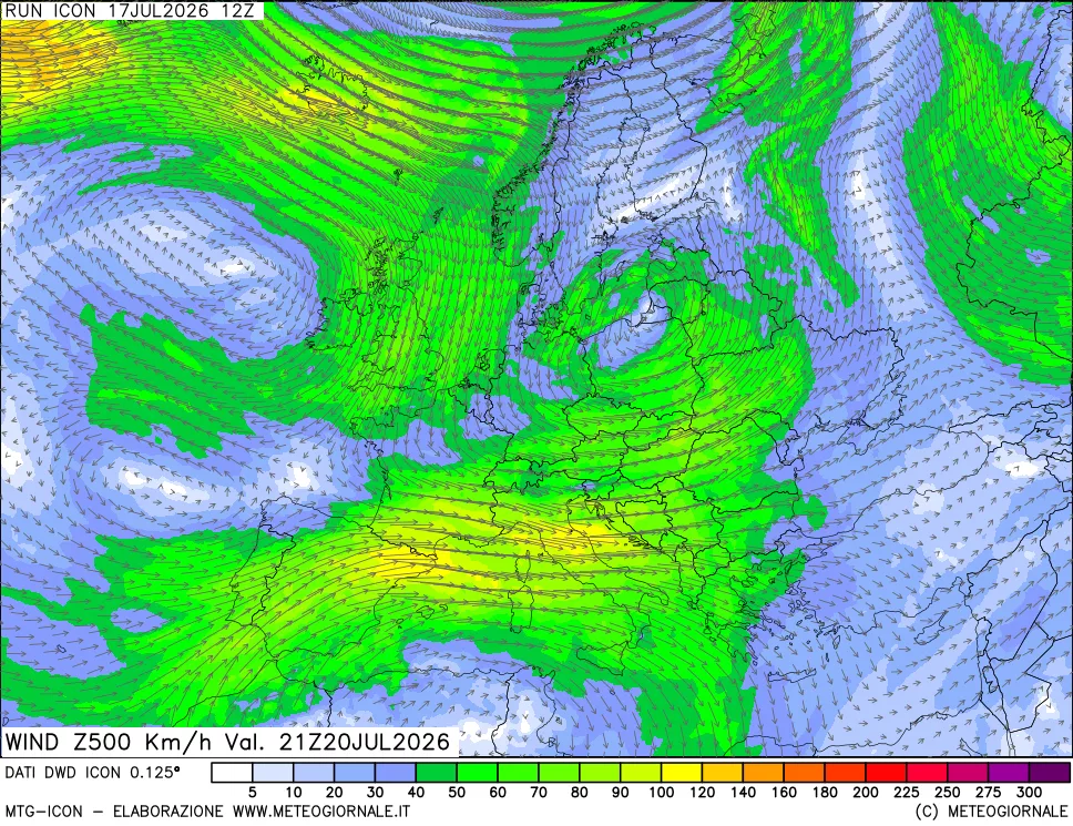 mappa 500 hPa Vento forza e direzione