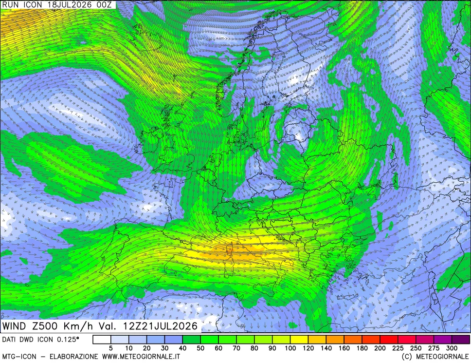 mappa 500 hPa Vento forza e direzione