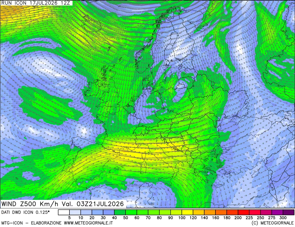 mappa 500 hPa Vento forza e direzione